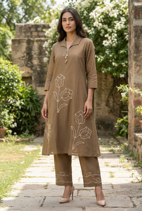 Brown Tulip Floral Embroidered Cotton Co-ord Set