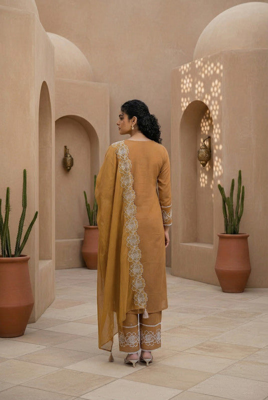 Brown Embroidered Kurta Pant Set with Dupatta