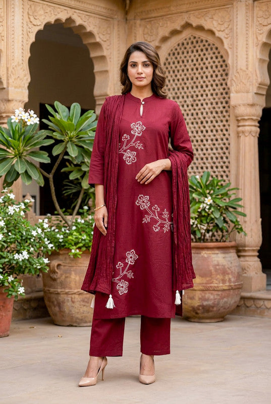 Maroon Charm Floral Embroidered Cotton Kurta Set with Tassel Dupatta