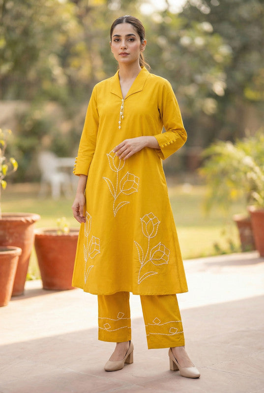 Mustard Embroidered Tulip Floral Threadwork Two-Piece Cotton Co-ord Set