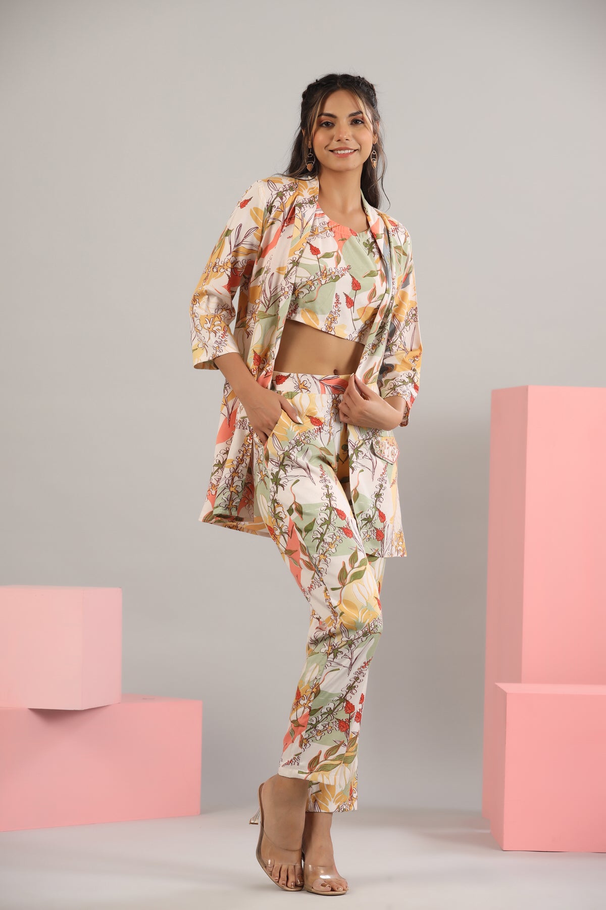 Abstract Leaves on Off-white Russian Silk Three Piece set