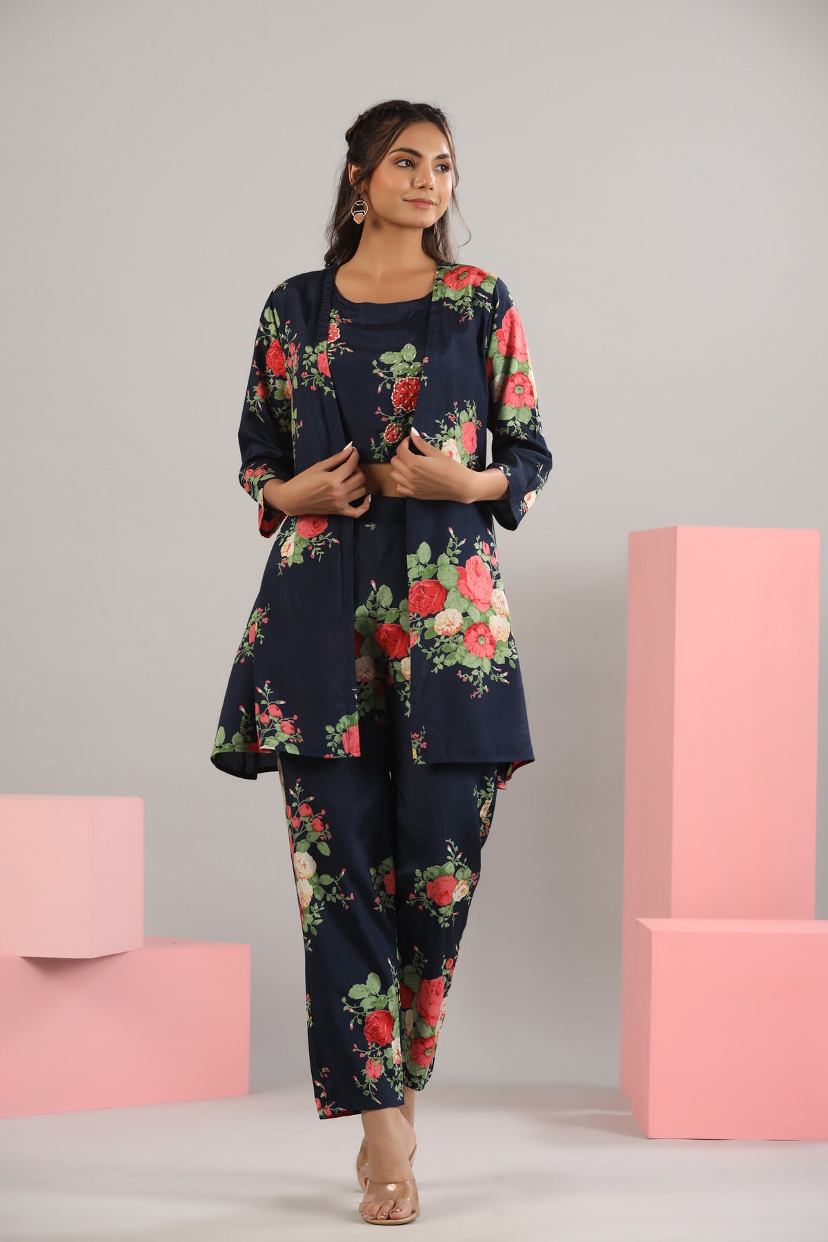 Floral Bouquet on Blue Russian Silk Three Piece set