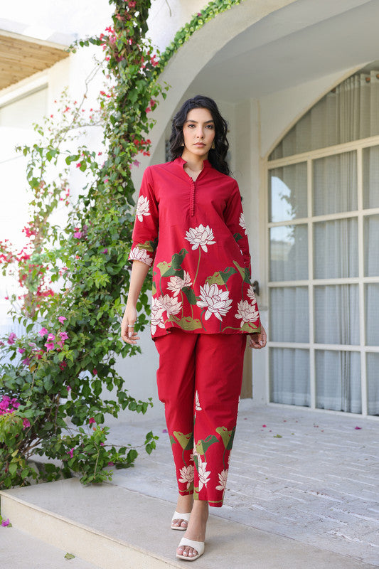 Crimson Red Lotus Cotton Co-ord Set