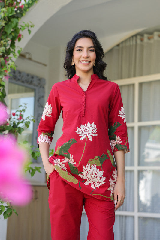 Crimson Red Lotus Cotton Co-ord Set