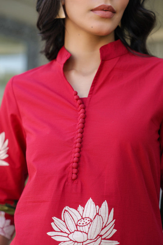 Crimson Red Lotus Cotton Co-ord Set