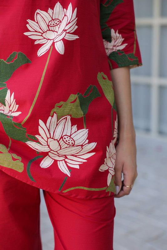 Crimson Red Lotus Cotton Co-ord Set