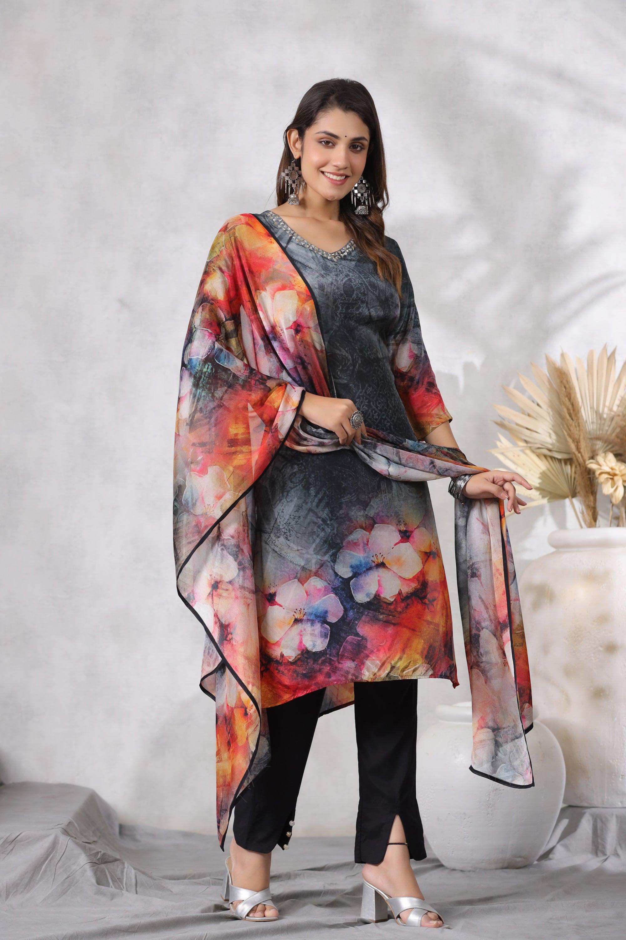 Black Digital Printed Russian Silk Straight Kurta Pant Set with Dupatta