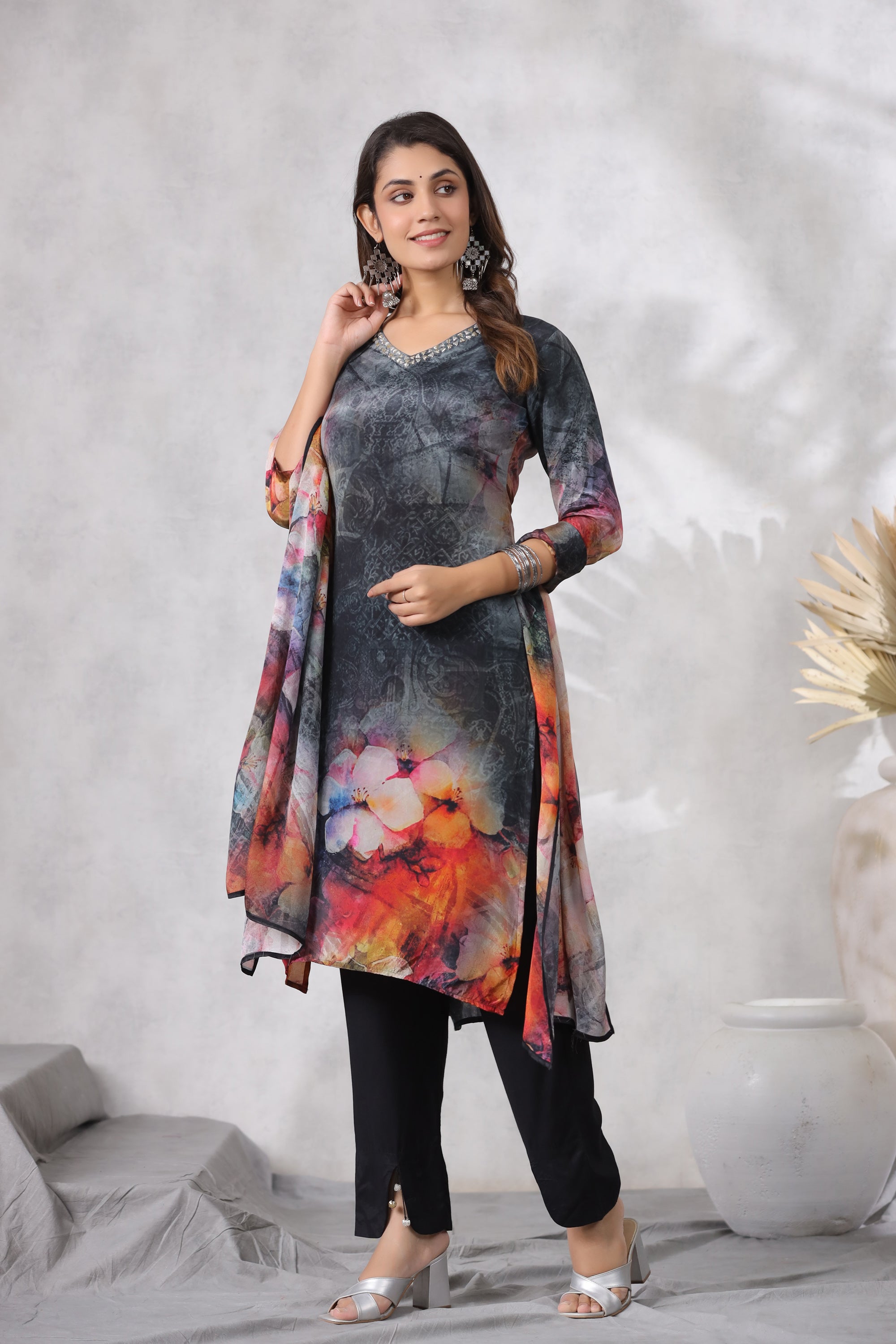 Black Digital Printed Russian Silk Straight Kurta Pant Set with Dupatta