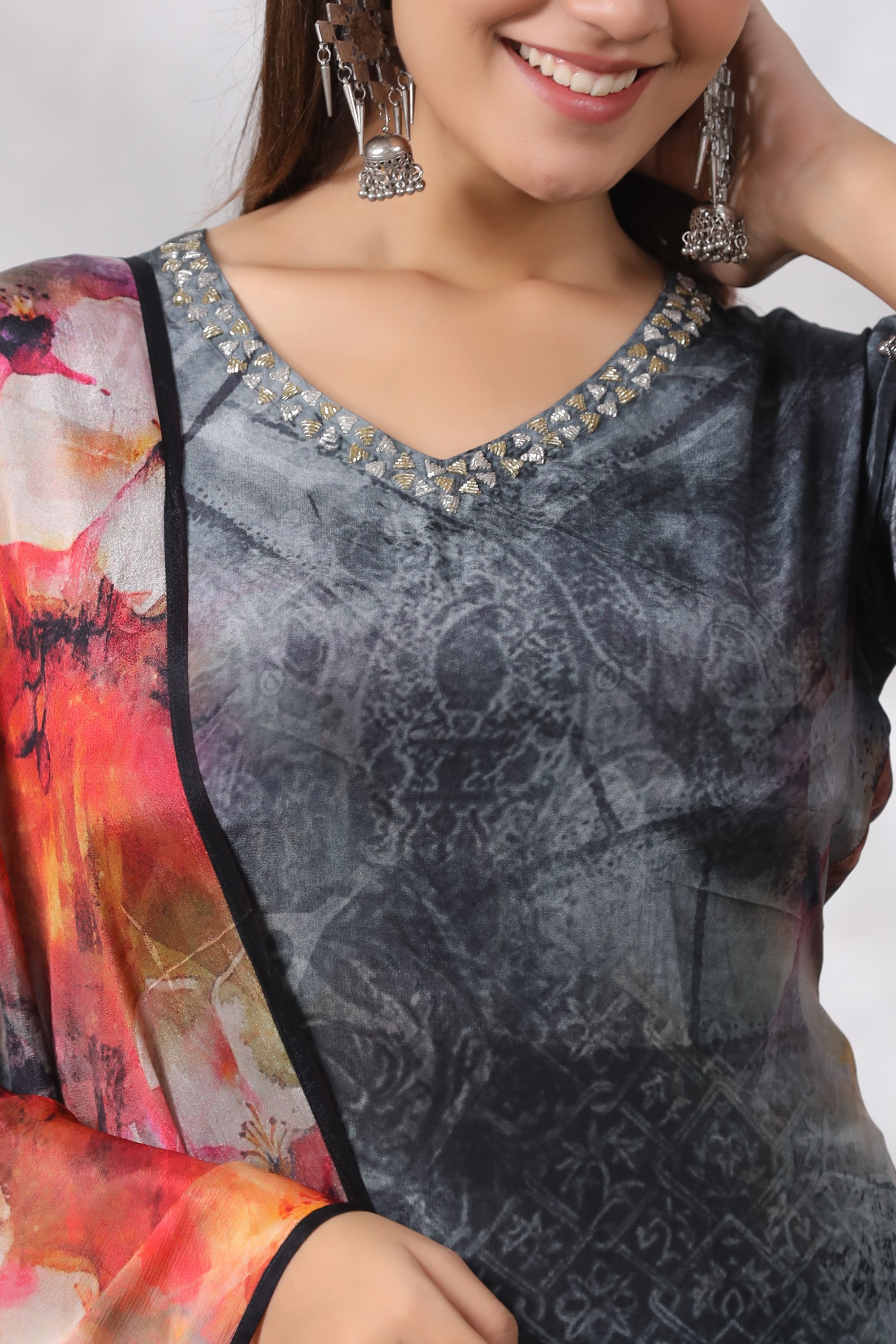 Black Digital Printed Russian Silk Straight Kurta Pant Set with Dupatta