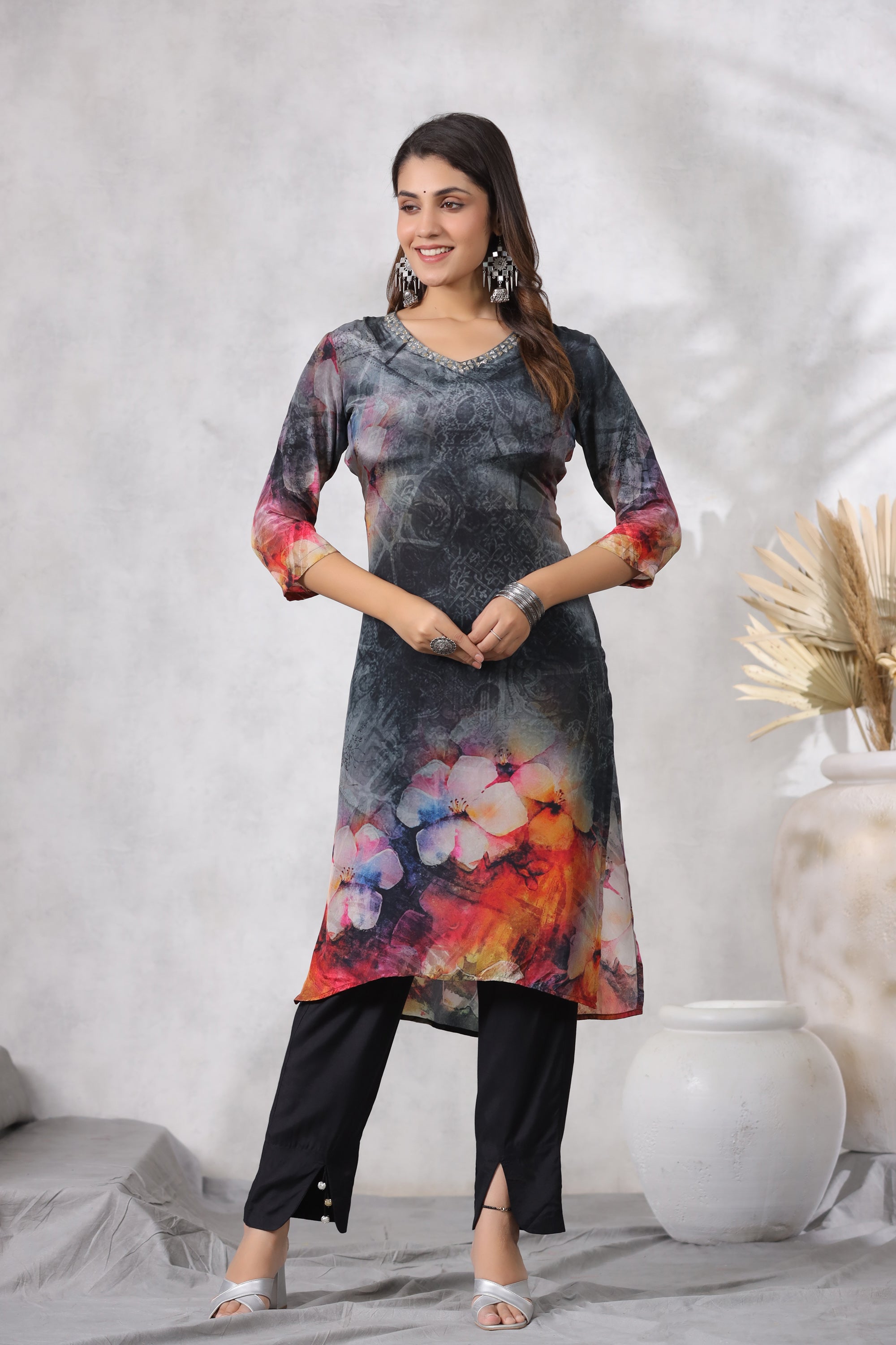 Black Digital Printed Russian Silk Straight Kurta Pant Set with Dupatta