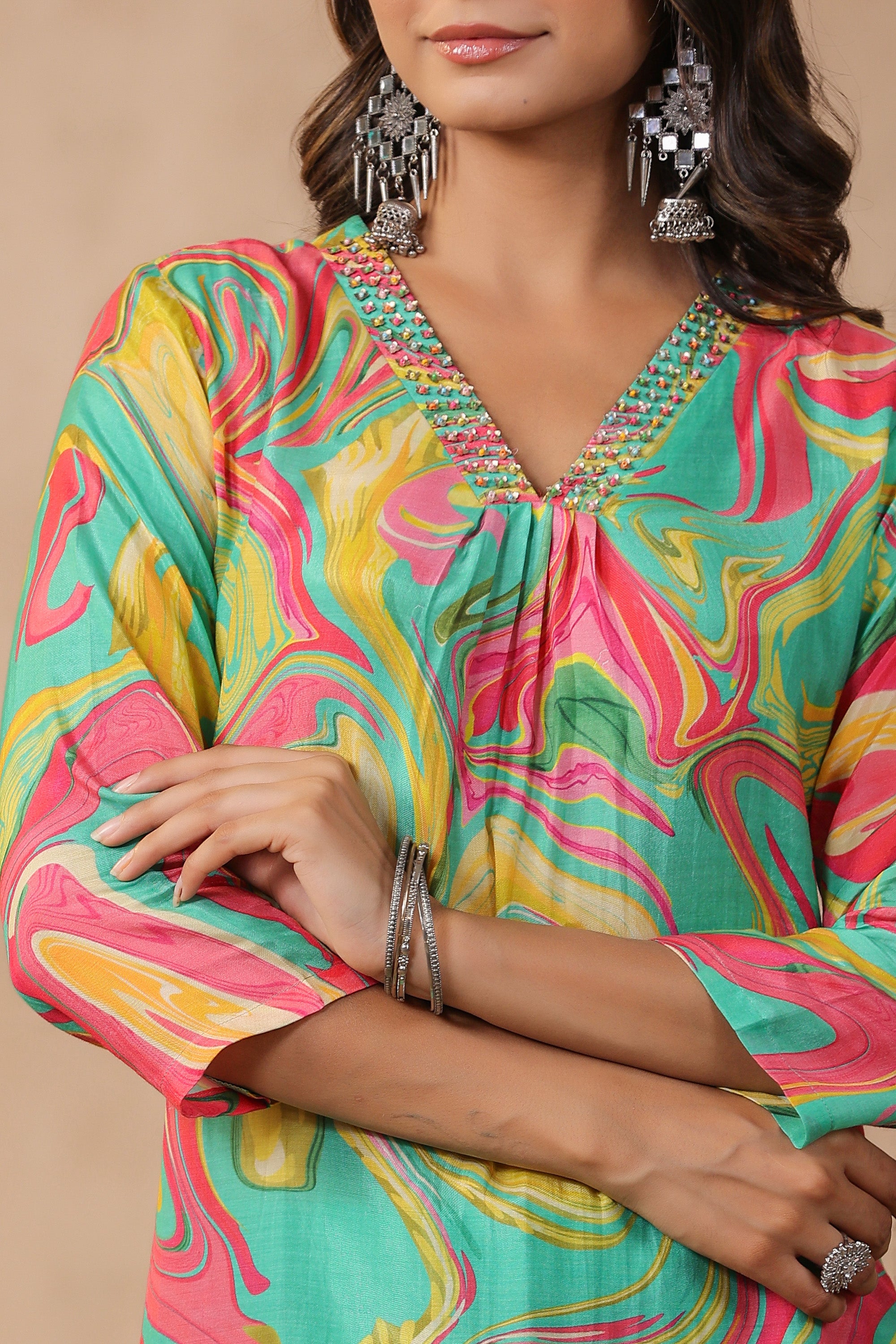 Multicolour Designer Marble Printed Russian Silk Kurta Pant Set with Dupatta