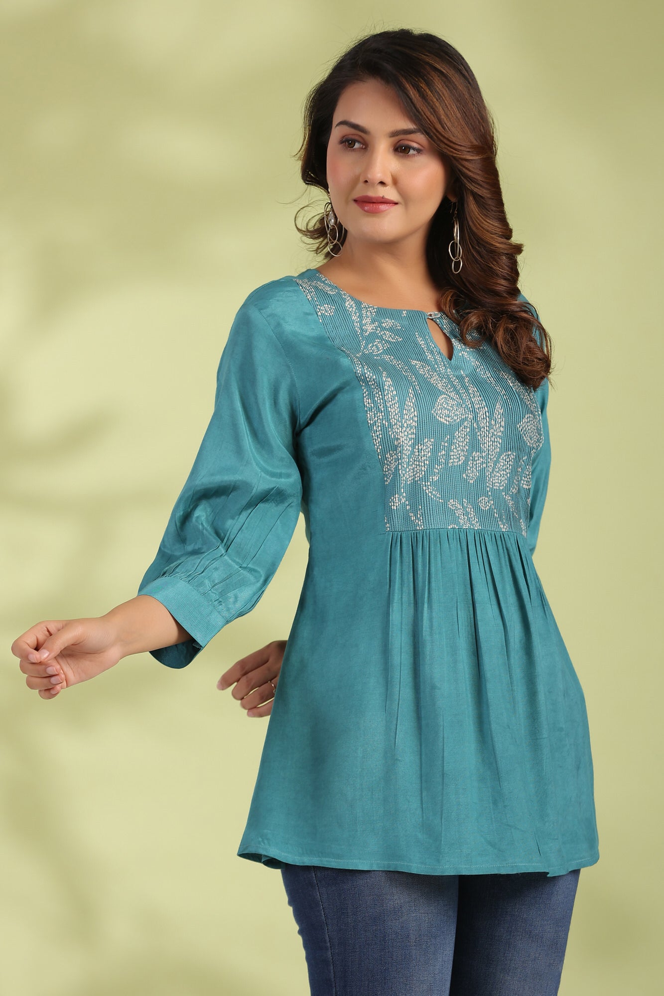 Teal Floral Elegance Silk Top