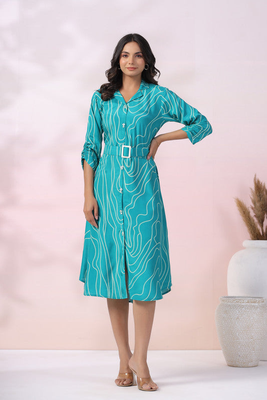 Turquoise Wave Belted Russian Silk Dress