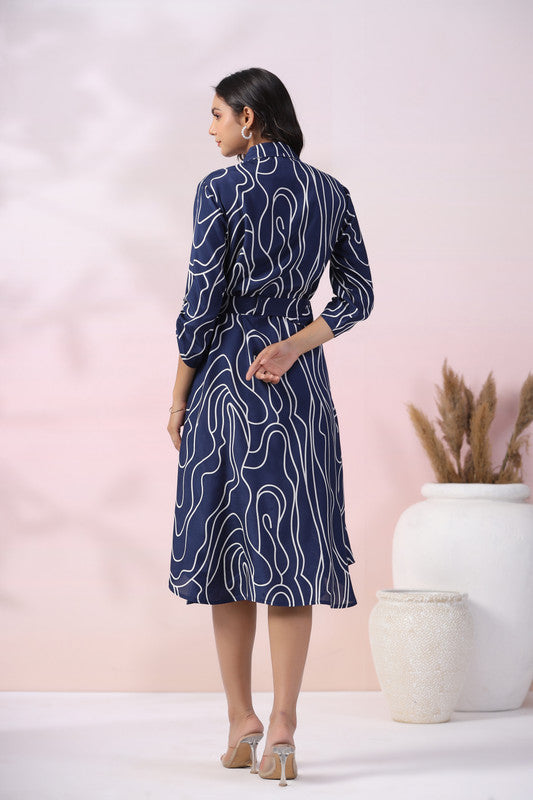 Navy Wave Belted Russian Silk Dress