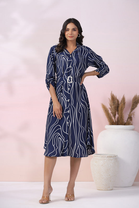 Navy Wave Belted Russian Silk Dress