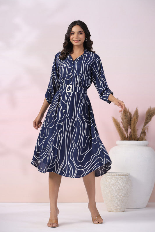 Navy Wave Belted Russian Silk Dress