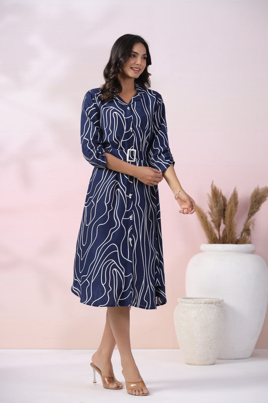 Navy Wave Belted Russian Silk Dress