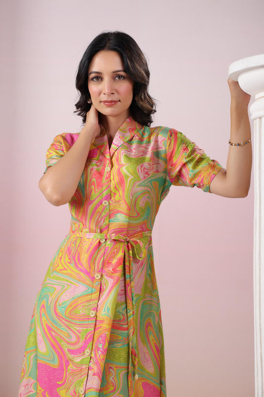 Multicolour Abstract Marble Printed Russian Silk Shirt Dress