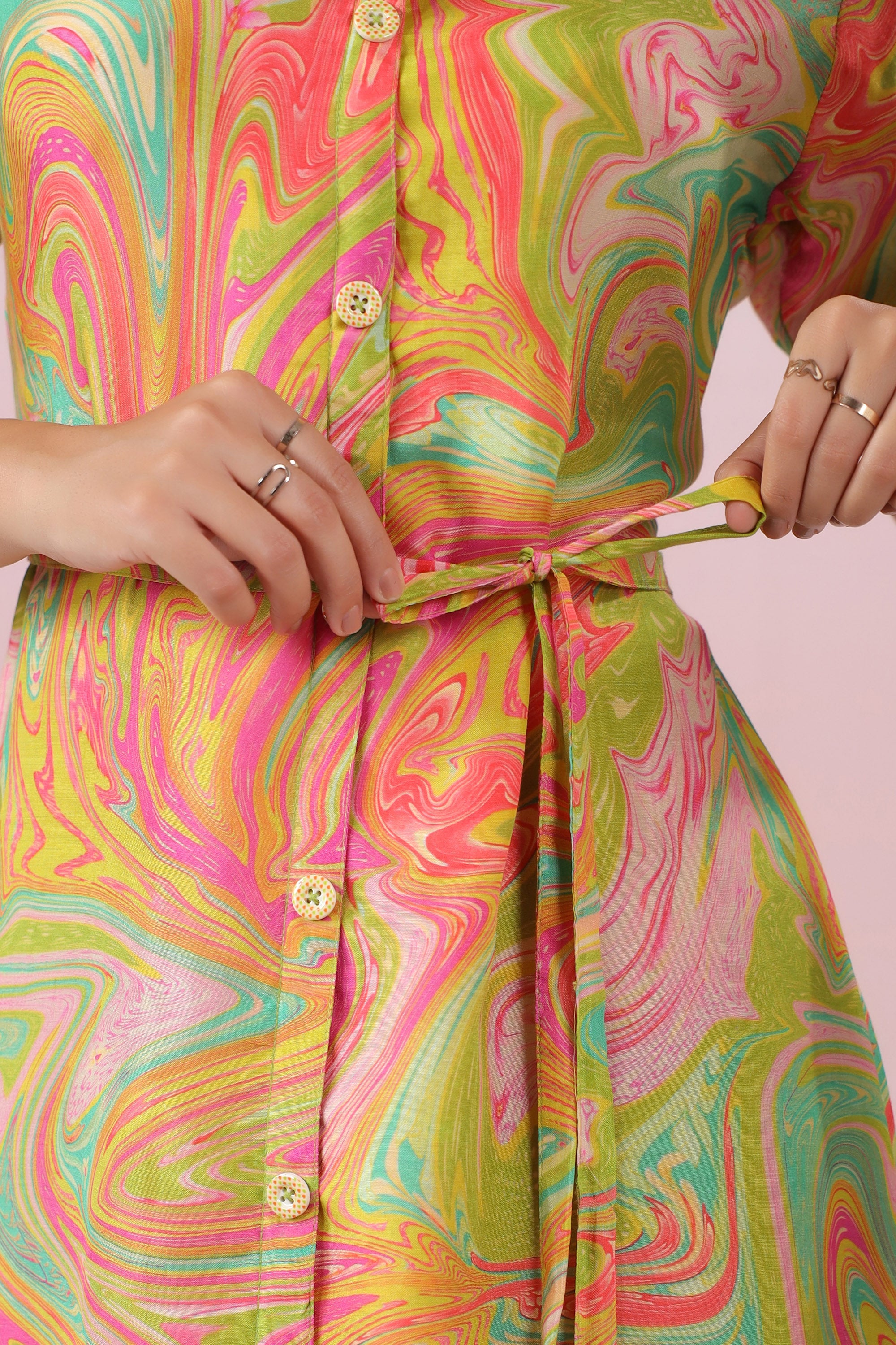 Multicolour Abstract Marble Printed Russian Silk Shirt Dress