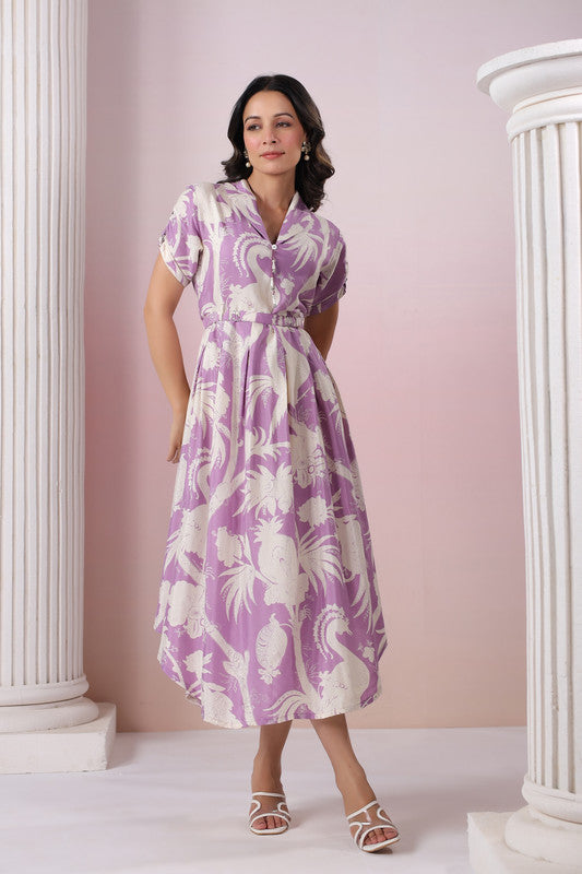 Elegant Lavender Floral Print Russian Silk Midi Dress