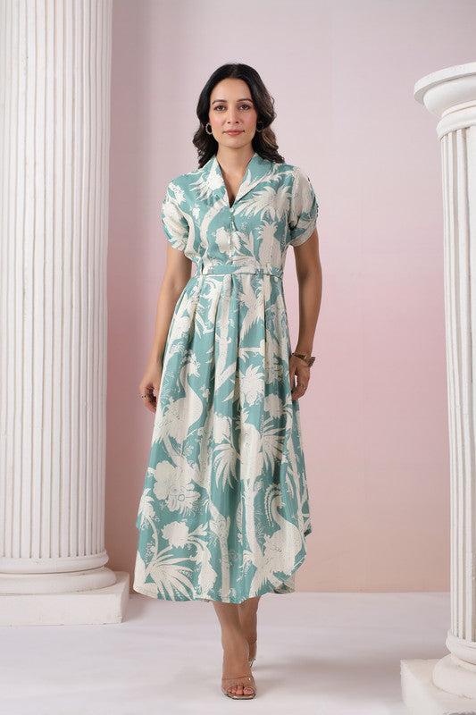 Elegant Pastel Green Leaf Print Midi Dress