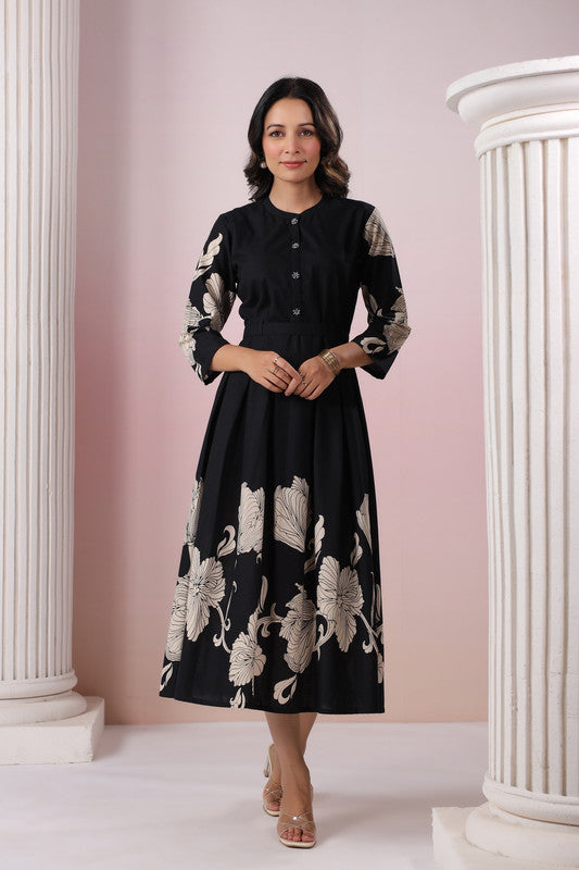 Blooming Lattice Silk Black Dress