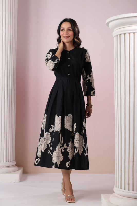 Blooming Lattice Silk Black Dress