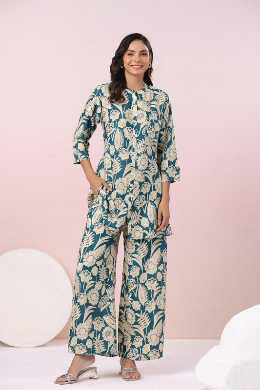 Teal Botanical Printed Russian Silk Co-ord Set