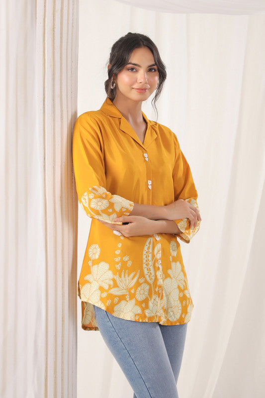 Mustard Floral Embellished Russian Silk Top