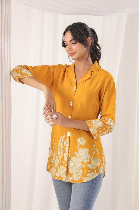 Mustard Floral Embellished Russian Silk Top