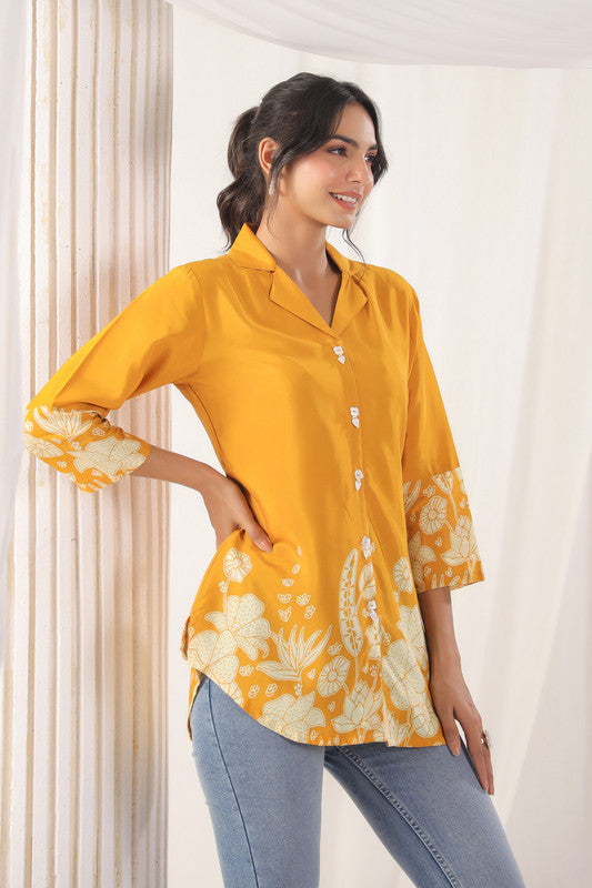 Mustard Floral Embellished Russian Silk Top