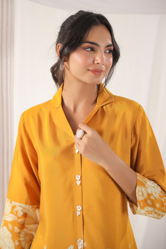 Mustard Floral Embellished Russian Silk Top