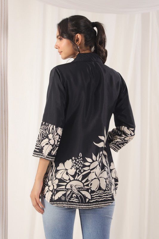 Noir Elegance Floral Print Russian Silk Top