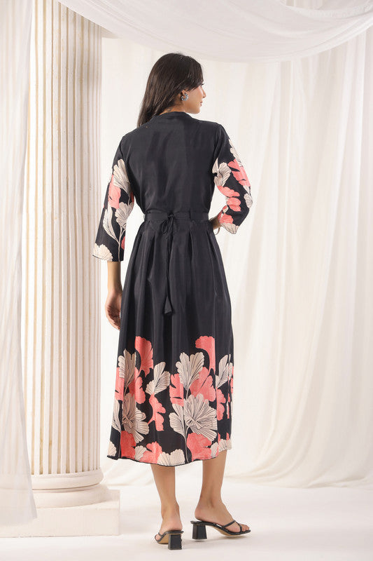 Black Floral Elegance Russian Silk Midi Dress