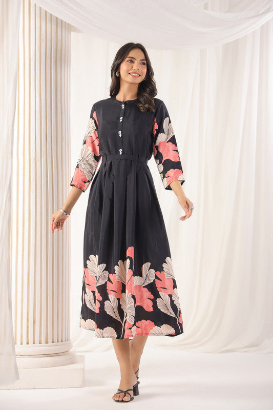 Black Floral Elegance Russian Silk Midi Dress