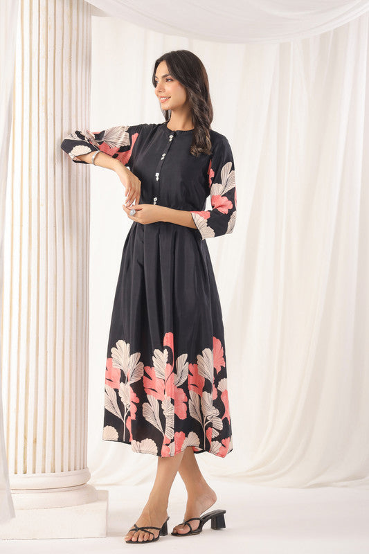 Black Floral Elegance Russian Silk Midi Dress