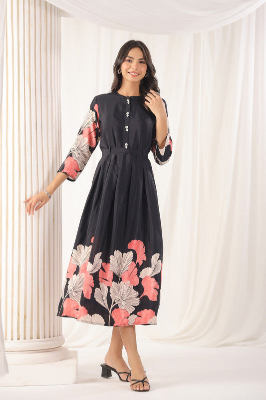 Black Floral Elegance Russian Silk Midi Dress