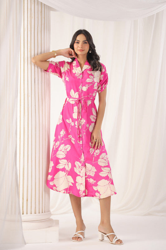 Pink Bloom Belted Russian Silk Dress