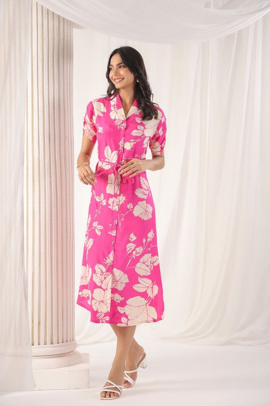 Pink Bloom Belted Russian Silk Dress