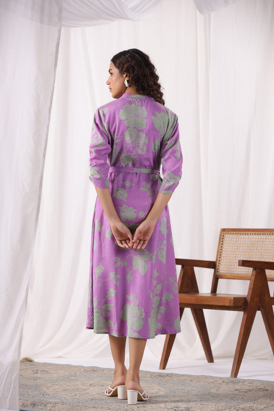 Lavender Leaf Belted Russian Silk Dress