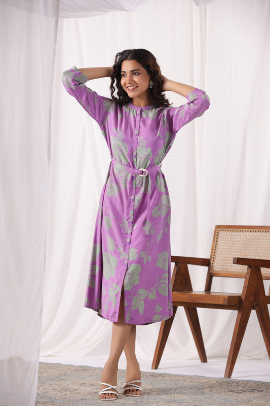 Lavender Leaf Belted Russian Silk Dress