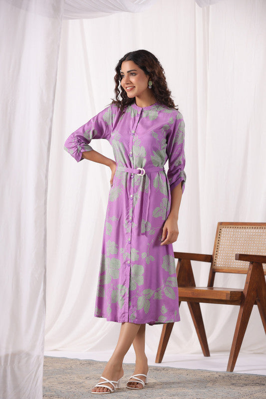 Lavender Leaf Belted Russian Silk Dress