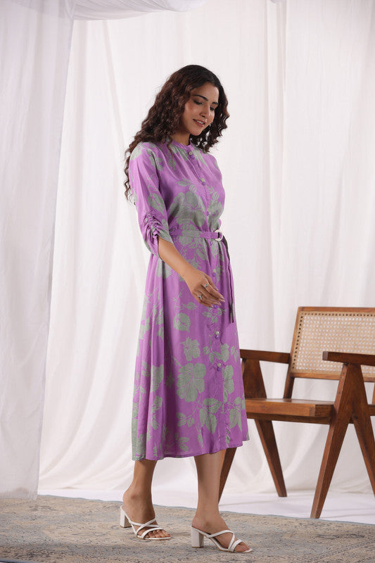 Lavender Leaf Belted Russian Silk Dress