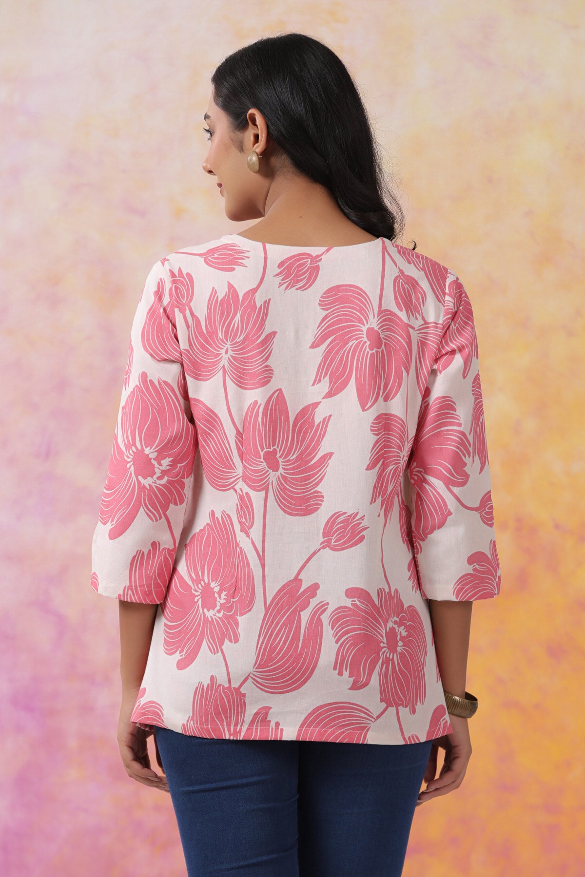 Elegant Floral Print With Pastel Blossoms Cotton Flex Shirt