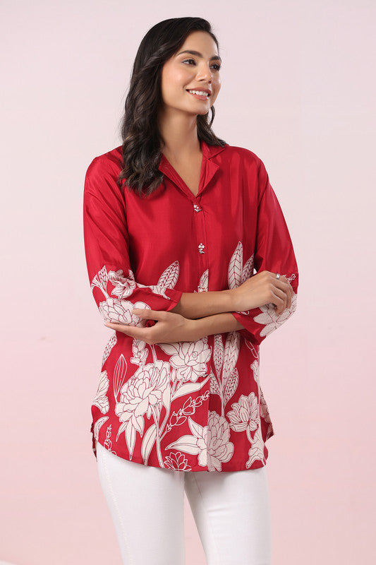 Elegant Maroon Russian Silk Floral Print Top