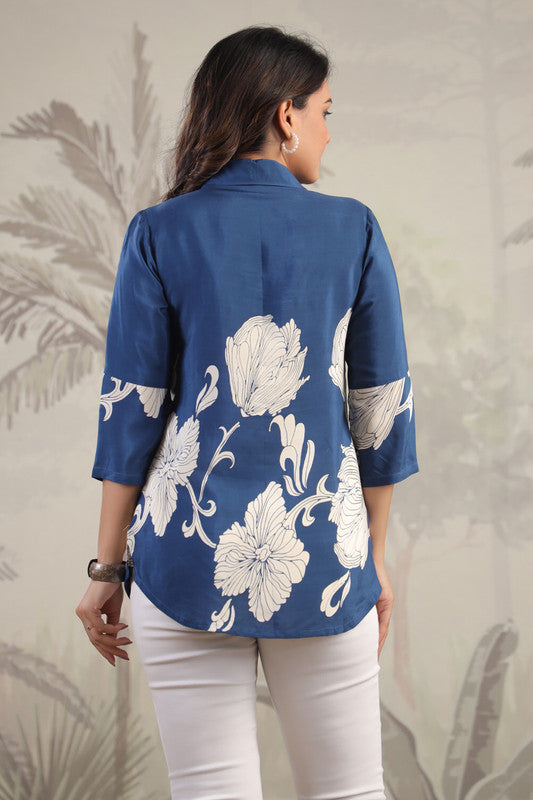 Elegant Floral Print Blue Tunic Russian Silk Top