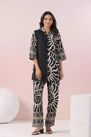 Monochrome Swirl Black Printed Russian Silk Co-ord Set