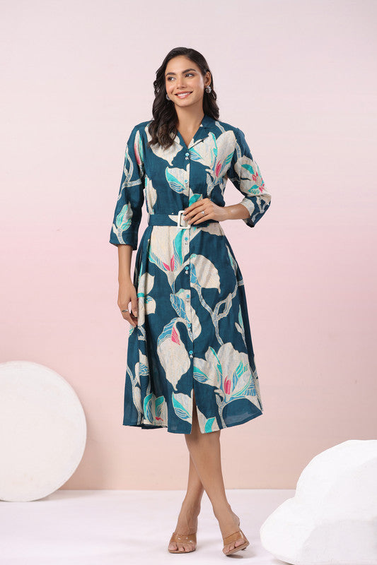 Green Tropical Charm Button-Down Muslin Silk Dress