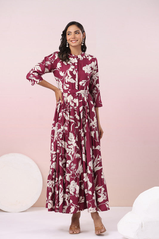 Elegant Wine Printed Maxi Dress