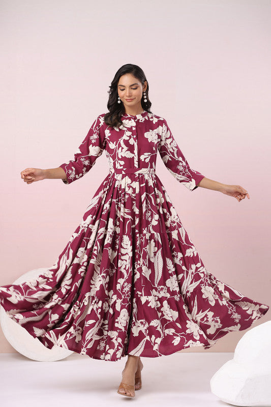 Elegant Wine Printed Maxi Dress